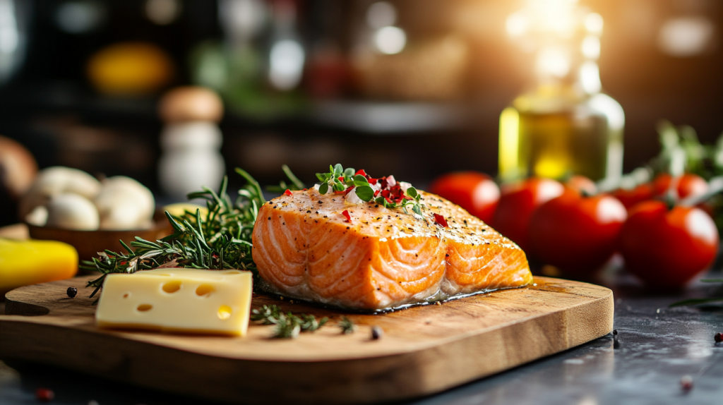 Cooked salmon, cheese and various vegetables.