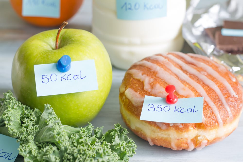 A apple labeled 50 calories, and a donut labeled 350 calories.